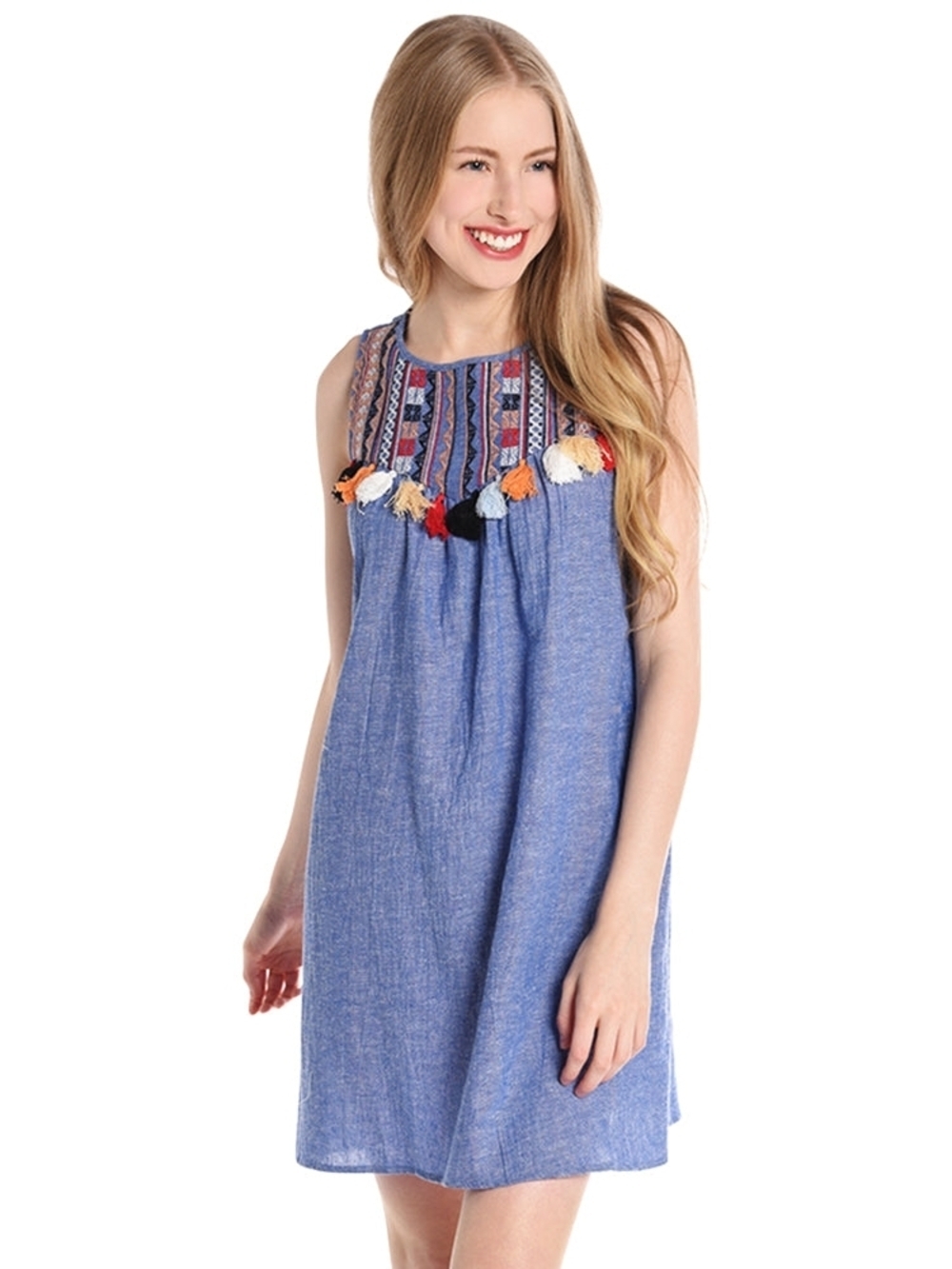 THML Blue Embroidered Shift with Tassel Linen Blend Size L